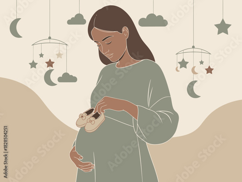 serene pregnant woman gently holds baby shoes evoking a feeling of anticipation and tenderness Soft colors and a mobile create a calming hopeful atmosphere