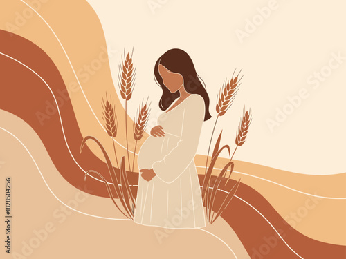 serene illustration depicts a pregnant woman embracing nature symbolizing growth and love Warm tones and wheat stalks create a peaceful inviting scene Perfect for wellness family or lifestyle themes