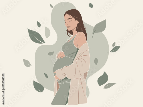 serene pregnant woman rests embracing her belly with a hopeful expression Soft muted tones and delicate leaf details create a calming modern illustration Perfect for wellness and motherhood themes