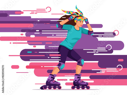 A vibrant young woman skates with style and speed, surrounded by dynamic motion lines. Bold colors and energetic pose create a dynamic, retro-inspired image perfect for lifestyle and activity themes.