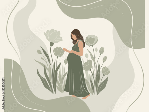 A serene woman gently touches her pregnant belly amidst blooming flowers. Soft, muted tones and a flowing design evoke grace and tranquility. Ideal for wellness, motherhood, or lifestyle themes.