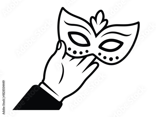 Hand holding a decorative mask with dots in a black and white art