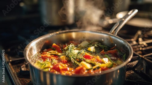 Delicious Vegetable Stew Simmering in a Stainless Steel Pot on a Gas Stove with Steam Rising