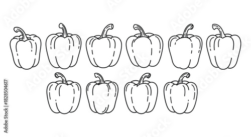 Set of hand drawn outline bell peppers isolated on white background
