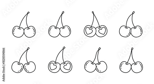 Set of eight hand drawn cherry illustrations in a simple sketch style
