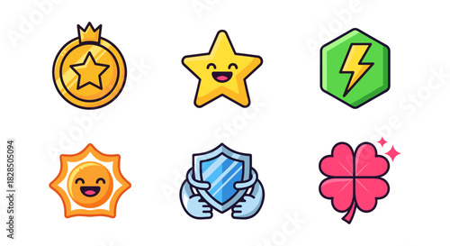 Colorful cartoon style icons featuring star, shield, lightning, and lucky clover