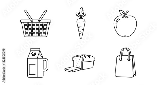 Minimalist grocery icon set featuring basket, carrot, apple, milk, bread, and bag