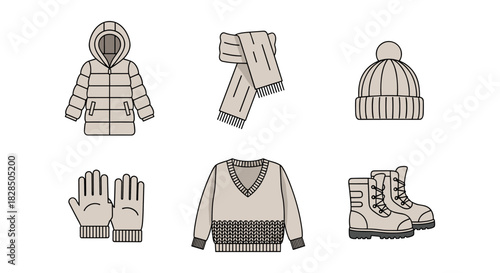 Cozy winter clothing collection with knit sweater, scarf, and warm accessories