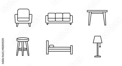 Minimalistic linear furniture icons set for modern interior design