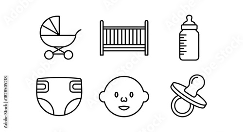 Essential baby items icons set featuring stroller, crib, bottle, diaper, baby face, and pacifier in minimalist style