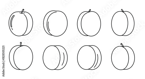 Set of eight hand drawn outline illustrations of plums on a white background