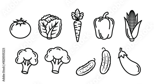 Collection of hand drawn vegetables in black and white outline style