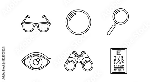 Minimalist line art icons of vision and optometry tools