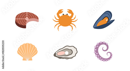 Seafood icons collection: crab, mussel, shell, octopus tentacle, salmon steak, oyster