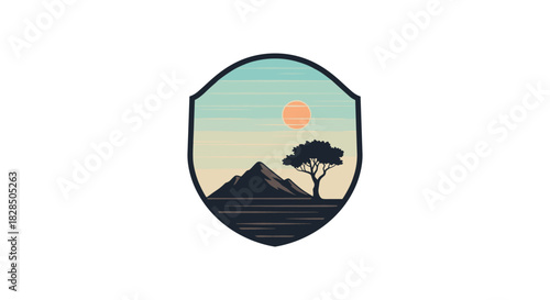 Colorful silhouette landscape with mountain, tree, and sunset emblem
