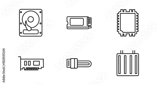 Minimalist line art icons of computer components for tech projects