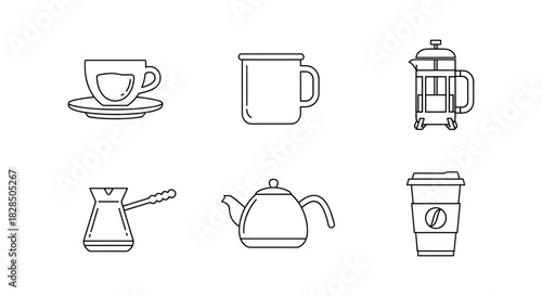 Minimalist coffee and tea equipment line art set