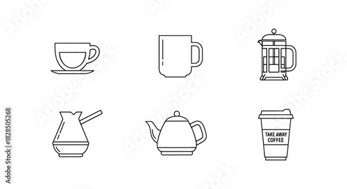 Minimalist coffee icons set featuring mugs, cups, and pots in linear style