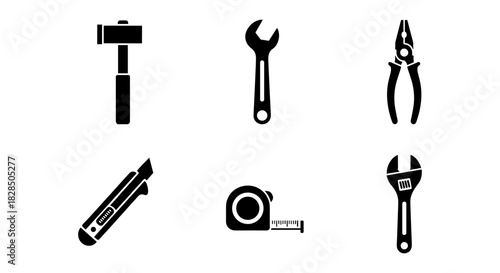 Set of six tool icons in minimal flat design for construction and repair