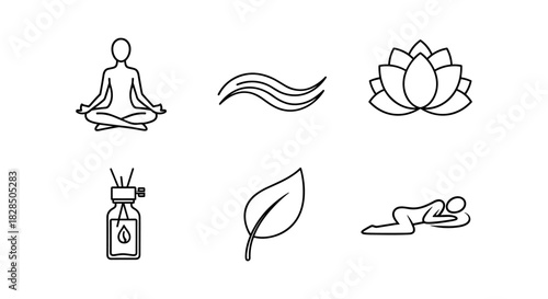 Outline set of yoga, meditation, and wellness icons for relaxation