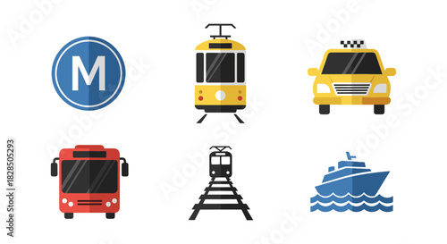 Transportation icons set with modern flat design featuring tram, taxi, bus, and ship