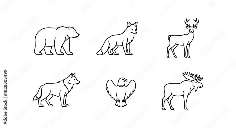 Fototapeta premium Wildlife collection: minimalist animal line art featuring bear, fox, deer, and more
