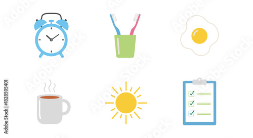 Morning routine: coffee, checklist, alarm clock, and sunshine icons