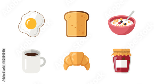 Breakfast icons: fried egg, toast, coffee, cereal bowl, croissant, jam jar in flat style