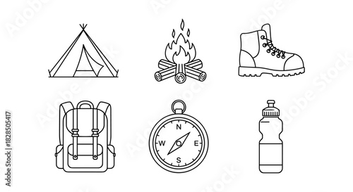 Outdoor adventure camping icons: tent, campfire, hiking boot, backpack, compass, water bottle