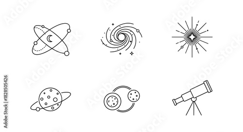 Minimalist space icons featuring atom, galaxy, and telescope designs