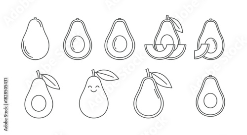 Collection of hand drawn avocado illustrations in various stages of preparation