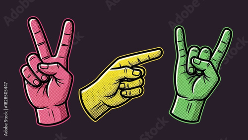 Bold gestures in retro pop art style with a hand showing peace, pointing, and rock on, perfect for music, celebration, and positive vibes designs