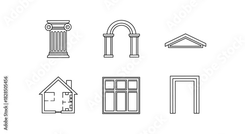 Architectural outline icons: columns, arches, roofs and more in minimalist style