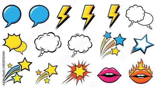 Dynamic comic book elements for visual storytelling like speech bubbles, lightning bolts, stars, and lips expressing emotions for a variety of creative projects