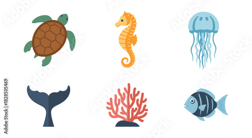 Colorful sea life icons: turtle, seahorse, jellyfish, whale tail, coral, fish