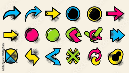 Vibrant retro arrow and shape collection for modern design projects, perfect for websites and branding, a scalable graphic with bold outlines and halftone texture