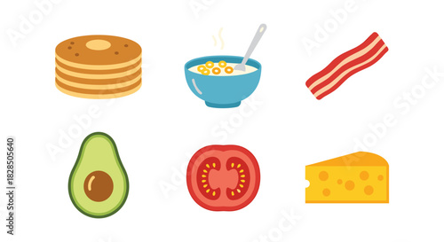 Colorful breakfast icons: pancakes, cereal, bacon, avocado, tomato, cheese
