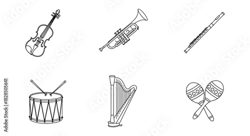 Outline musical instruments: trumpet, violin, harp, drums, flute, maracas collection