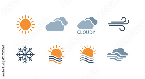 Weather icons set featuring sun, cloud, wind, and snowflake in flat design