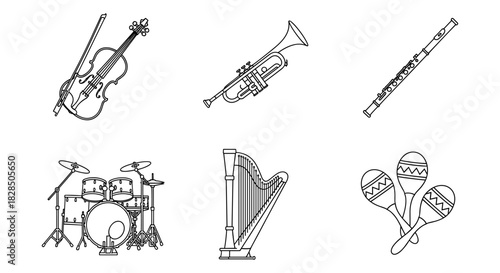 Collection of musical instrument outlines featuring trumpet, cello, and more