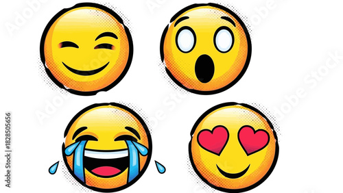 Expressive emoji faces showcase a range of emotions from love and laughter to surprise and joy, perfect for digital marketing and social media campaigns