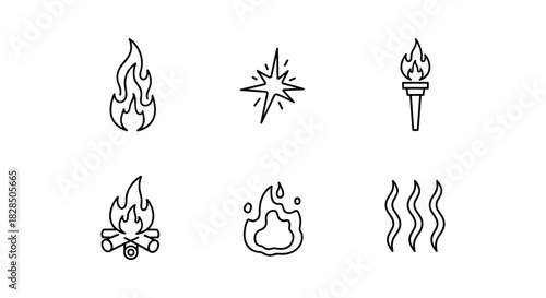 Collection of simple fire and flame icons in minimalist linear style