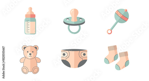 Cute baby essentials icons set: bottle, pacifier, rattle, teddy bear, diaper, and socks in soft pastel
