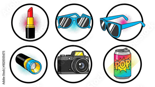 Vibrant summer icons featuring sunglasses, lipstick, camera, and soda in a pop art style, perfect for a trendy lifestyle or travel blog with a retro vibe