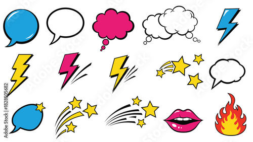 Vibrant pop art elements collection ideal for eye catching designs, comic book style graphic assets with stars, speech bubbles, lightning bolts and fire accents