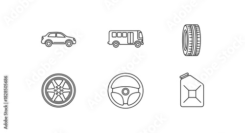 Linear car and auto parts icons: wheels, steering, tire, bus, fuel can