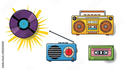Groovy retro music collection! Cassette tapes, vinyl records, boomboxes and old radios capture the sound of vintage vibes and classic tunes for your project