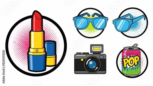 Retro summer vibes with lipstick, sunglasses, camera, and soda pop art, perfect for vintage fashion, travel photography, and fun lifestyle designs