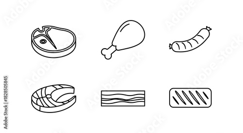 Minimalist black and white outline of various meat cuts and types