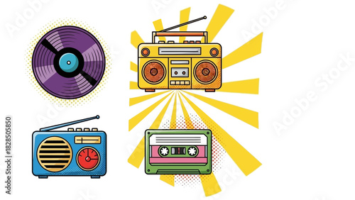 Retro vibes with a record, cassette, and boombox for that nostalgic, vintage feel perfect for music lovers and old school enthusiasts, originally a vector graphic